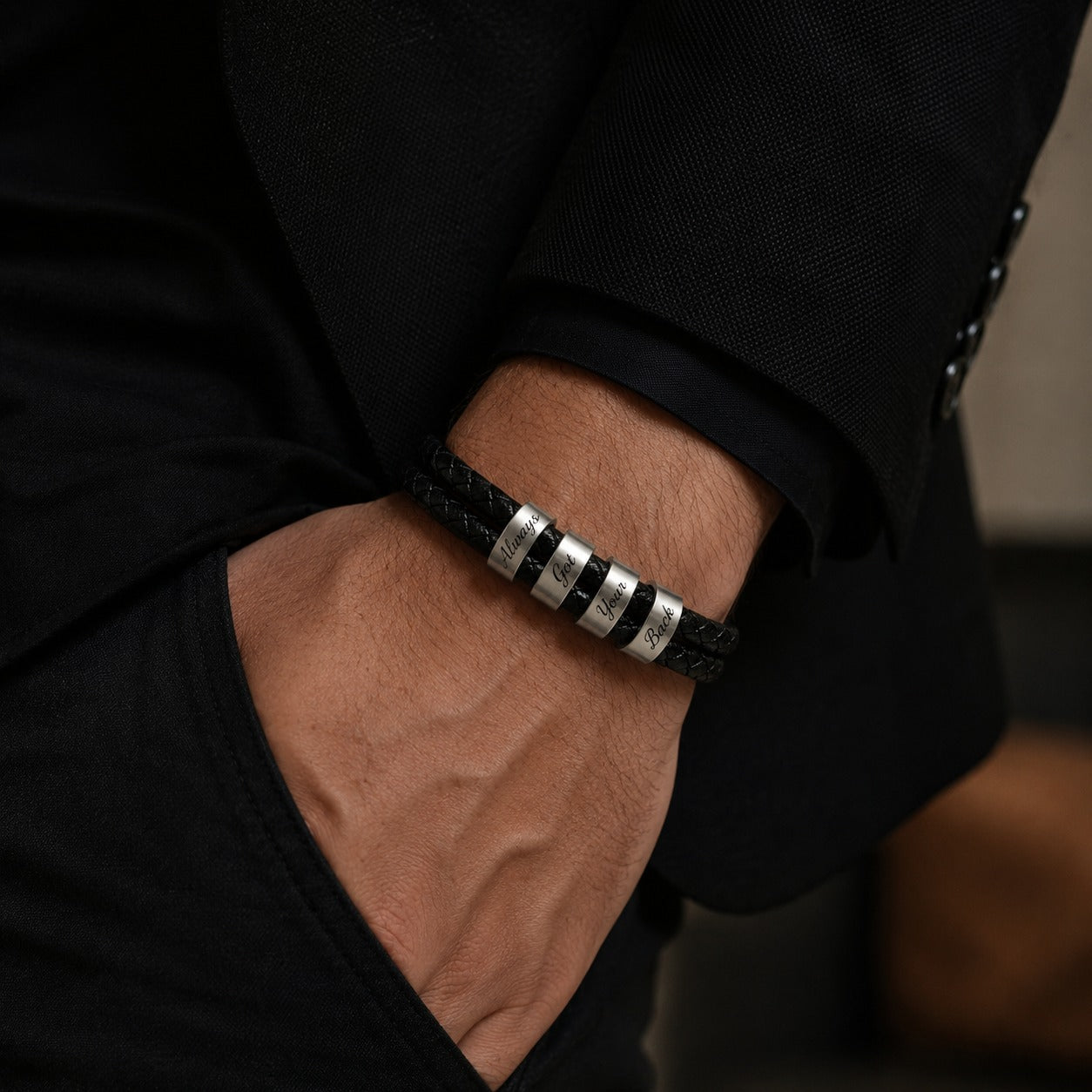 Always Got Your Back - Leather Bracelet with Beads (Engraving)
