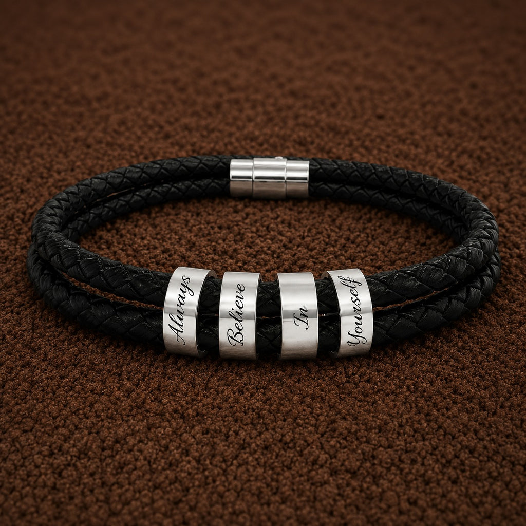 Always Believe In Yourself - Leather Bracelet with Beads (Engraving)