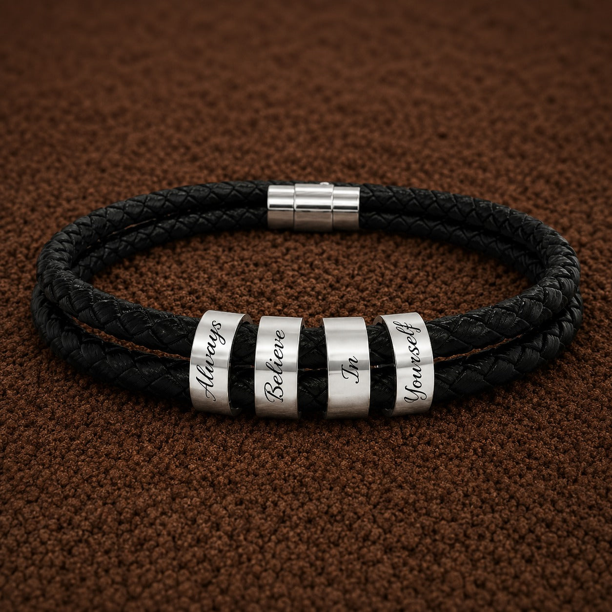Always Believe In Yourself - Leather Bracelet with Beads (Engraving)