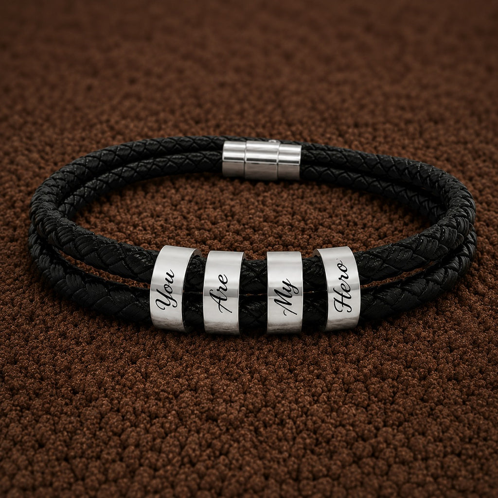 You Are My Hero - Leather Bracelet with Beads (Engraving)