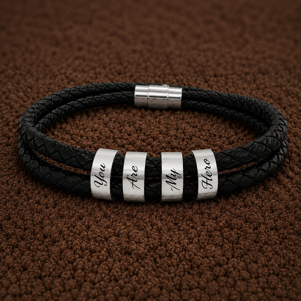 You Are My Hero - Leather Bracelet with Beads (Engraving)