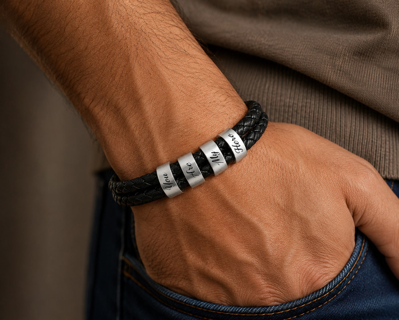 You Are My Hero - Leather Bracelet with Beads (Engraving)
